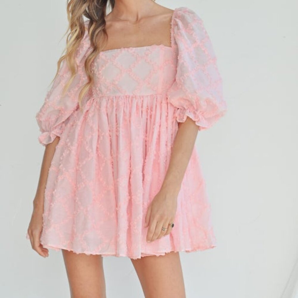NWT Ribbon textured puff sleeve babydoll mini dress